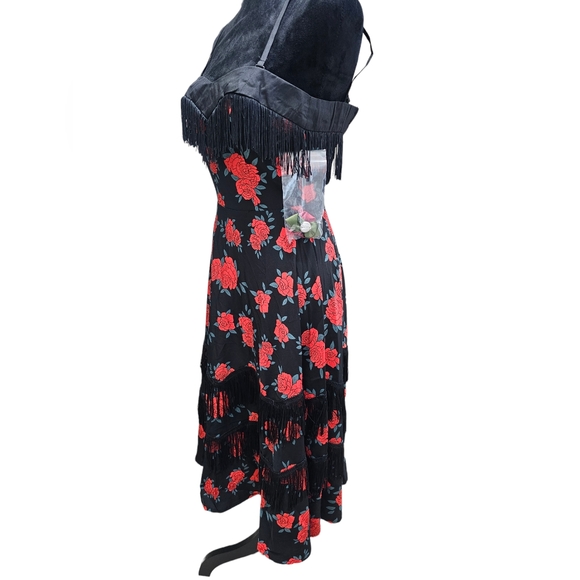 NWT Unique Vintage Red Rose Print Fringe Girlie Swing Dress XS 2 - Picture 7 of 11